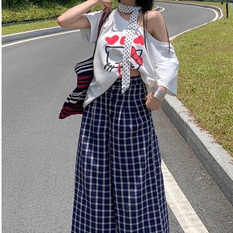 明星同款复古阔腿格子裤女2025夏季新款直筒休闲裤垂感拖地长裤图片