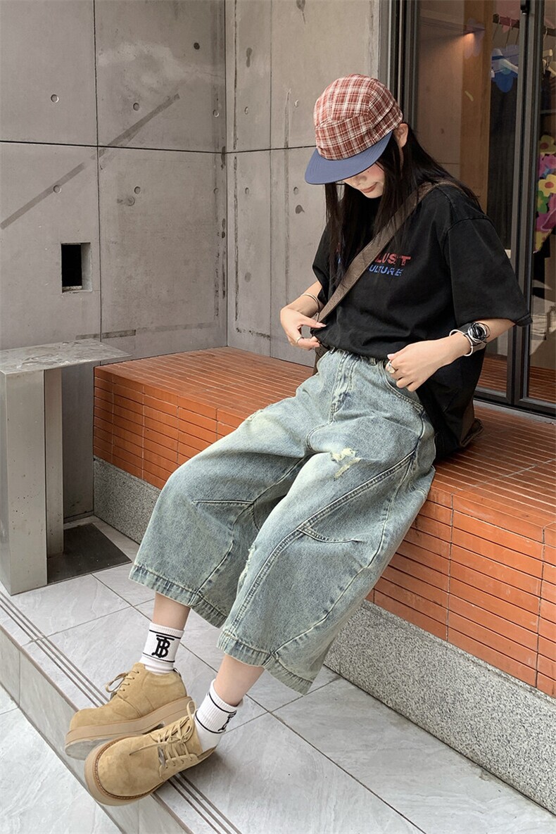 美式复古廓形弯刀牛仔男女款潮牌宽松设计感阔腿七分裤YD701-P65,男装牛仔裤,星座509