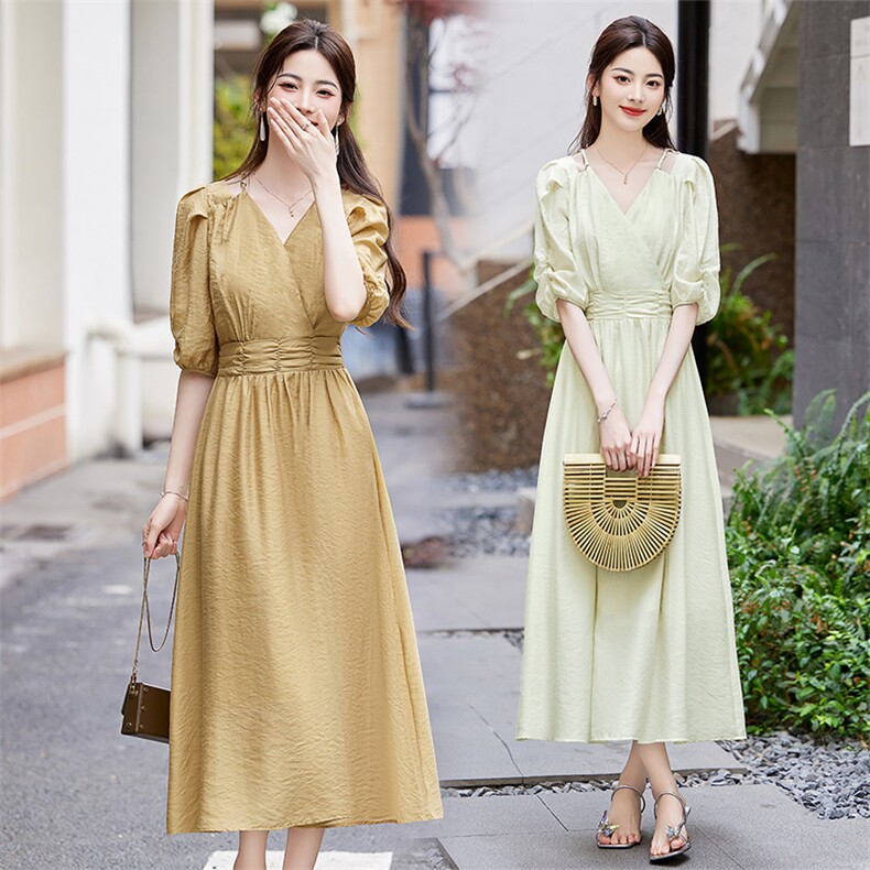 2024夏季新款气质天丝连衣裙优雅显瘦V领长裙时尚百搭仙女裙,女装连衣裙,鑫鑫美