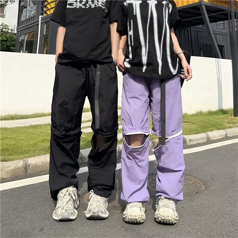 紫色工装阔腿裤女2024新款大码胖mm高街设计感小众可摘卸短裤裤子,男装休闲裤,四季星座218-1