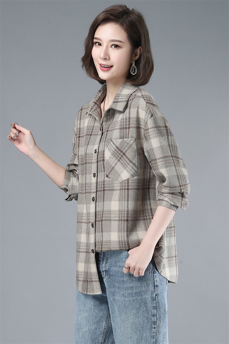 2021年春季自主图常规韩版长袖格子衬衫女磨毛衬衣外套,女装衬衫,伊满意
