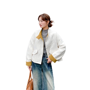 米白色撞色立领羽绒棉服女2025秋冬新款今年流行宽松小个子短外套图片