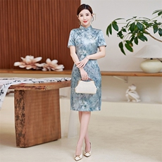 高级感杭州真丝长裙复古印花连衣裙女春夏日常专柜品质潮流桑蚕丝，女装汉服/婚纱/旗袍/礼服，小荷流