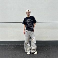 美式复古泼墨破洞弯刀牛仔裤男女夏季宽松直筒阔腿拖地裤子，男装牛仔裤，星座516A
