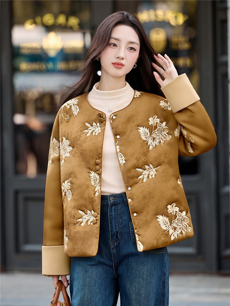 2025冬装新款优雅刺绣轻薄棉衣,女装棉衣/棉服,伊仟回
