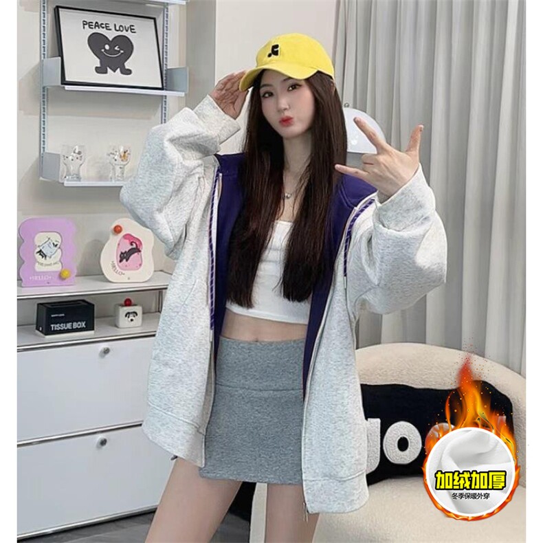 480G重磅加绒硬挺boxy男女秋冬美式高街双层撞色连帽卫衣开衫外套图片