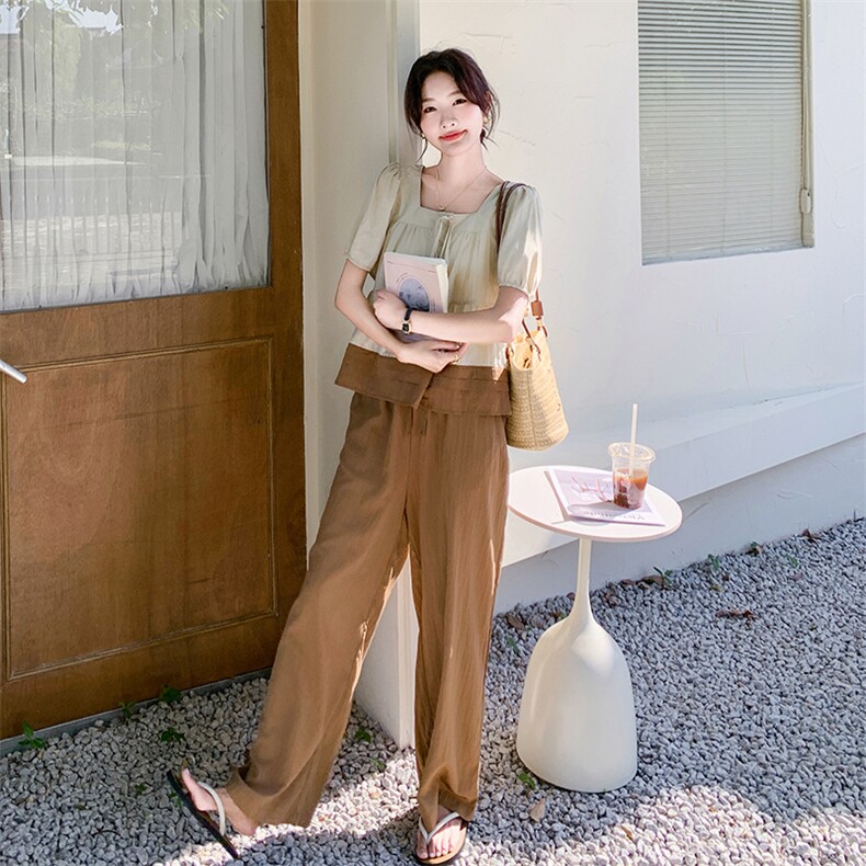 慵懒松弛感休闲套装女2025夏季穿搭一整套泡泡袖上衣阔腿裤两件套,女装套装/套裙,维壹