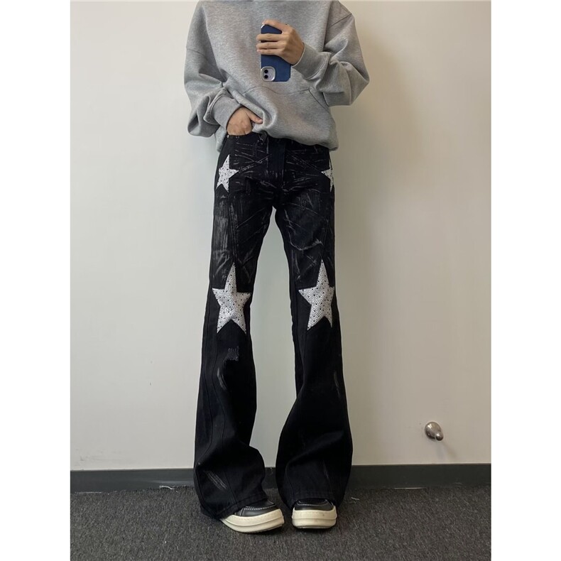 美式高街复古五角星烫钻刷漆牛仔裤男女潮牌宽松百搭微喇叭长裤子,男装牛仔裤,四季星座505