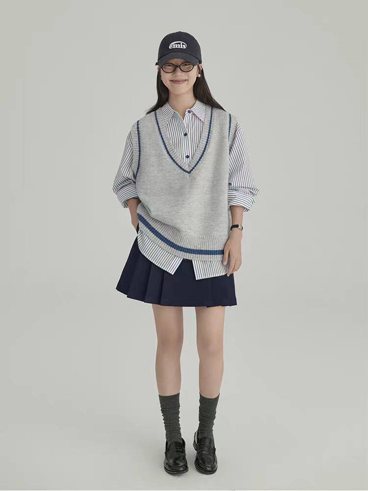 2025年秋季V领拼色马甲，女装针织衫/毛衣，浩新羊绒