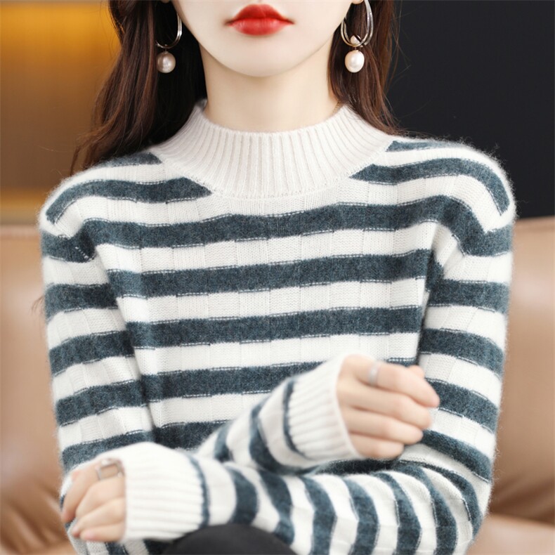 时尚条纹衫女修身显瘦百搭气质长袖针织衫,女装羊毛衫,琳华羊绒