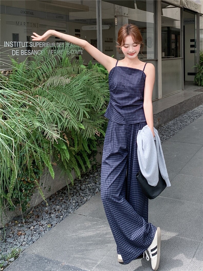 洋气时髦设计感复古格纹套装女2026春夏新款开衫吊带阔腿裤三件套,女装套装/套裙,艾米莉亚