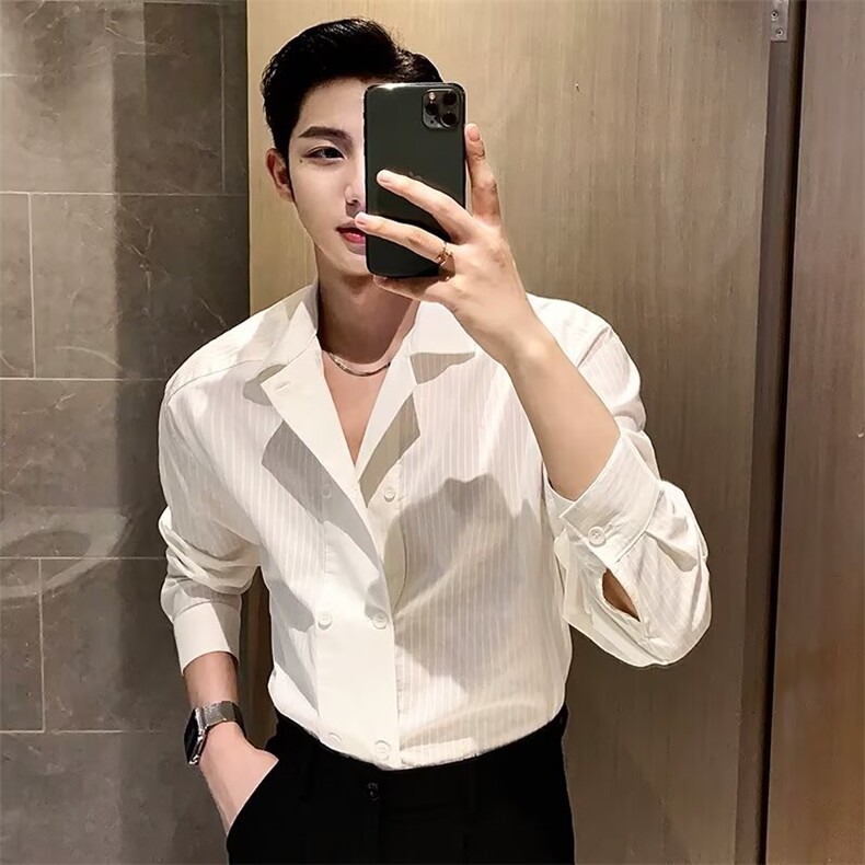 条纹衬衫男双排扣小众设计感长袖衬衣雅痞风男生禁欲系衣服C14,男装衬衫,星座1116A（原606A-3）
