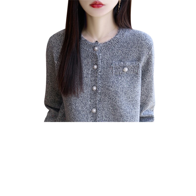 小香风100%纯羊毛衫开衫女圆领珍珠扣流苏上衣宽松亮片羊绒衫外套,针织衫/毛衣,昭美羊绒