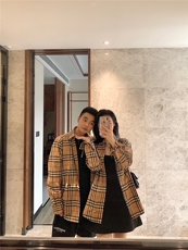 2025年秋季休闲长袖落肩袖POLO领开衫经典格子衬衣，女装衬衫，鄂贝斯羊绒