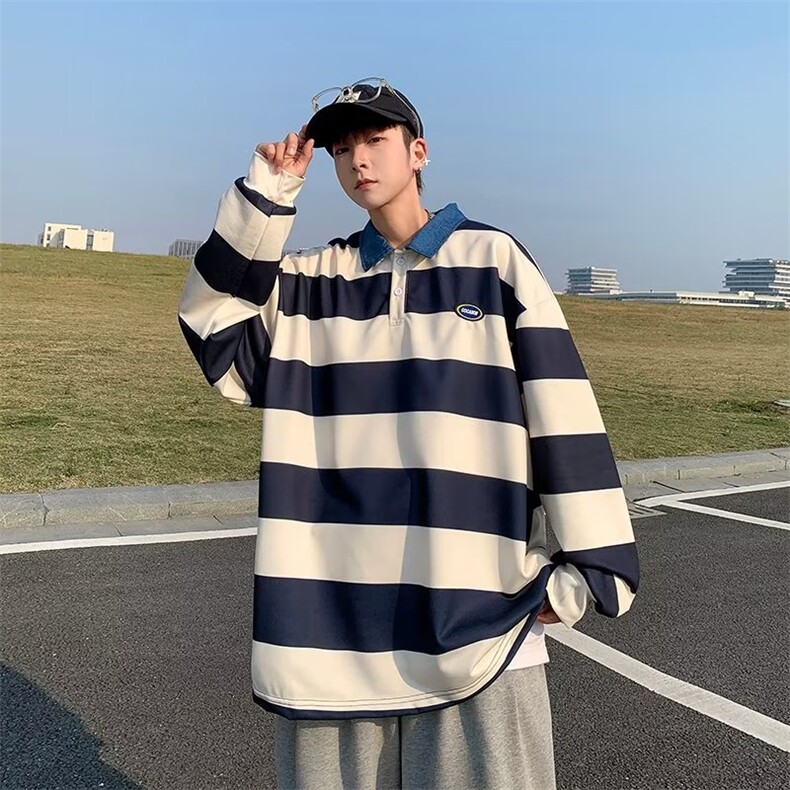 POLO衫男韩版潮流条纹高街帅气2023秋冬新款ins宽松外套WB139-P38,男装Polo衫,星座412-2