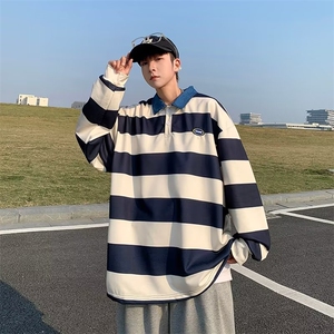 POLO衫男韩版潮流条纹高街帅气2023秋冬新款ins宽松外套WB139-P38图片