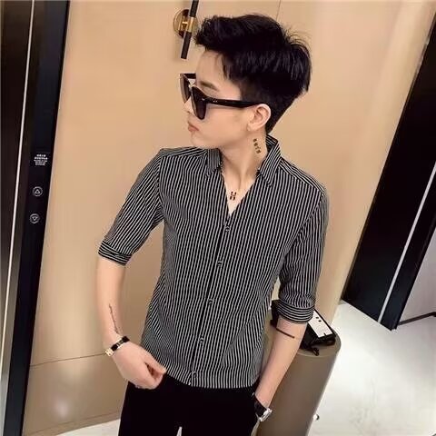 男款格子衬衫七分袖夏季高级感百搭高端休闲潮流免烫弹力修身衬衣,男装衬衫,星座506A