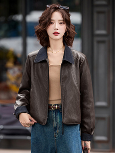 2025秋冬季女装新款大量现货拼色翻领袖口翻边撞色短款皮衣外图片