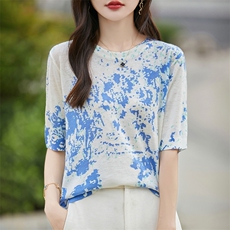 夏新款精纺水溶羊毛半袖女T恤圆领拼色印花短袖针织打底衫上衣薄，女装羊毛衫，暖烁羊绒