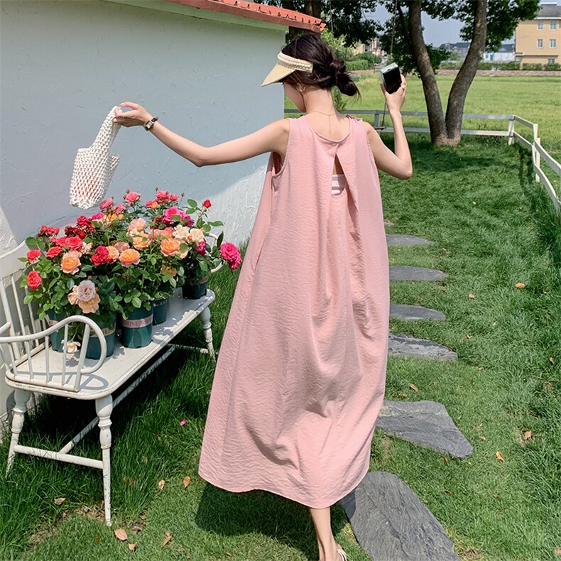 粉色法式夏天连衣裙女2025新款甜美露背孕妇宽松小众高级感背心裙,女装连衣裙,2C050