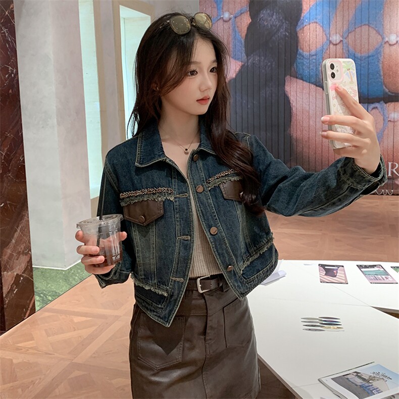 现货可推2024新款秋装港风复古简约宽松休闲气质水洗牛仔外套女，女装牛仔外套，网红馆