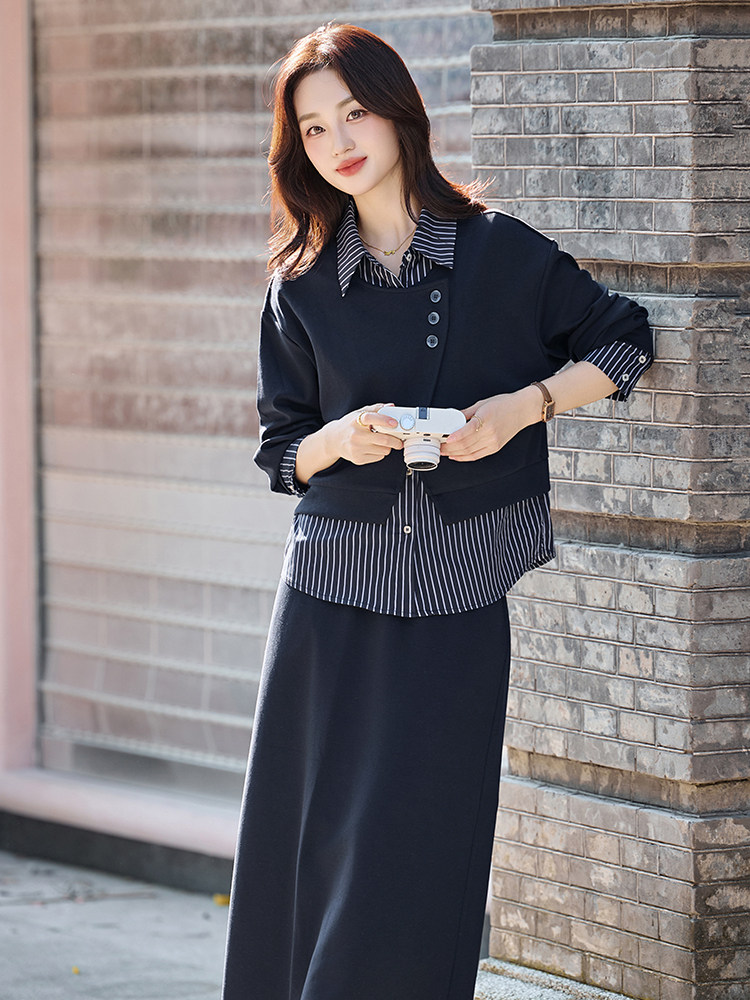 时尚套装女2025秋新款减龄假两件衬衫拼接马甲垂感半身裙两件套,女装套装/套裙,流量+