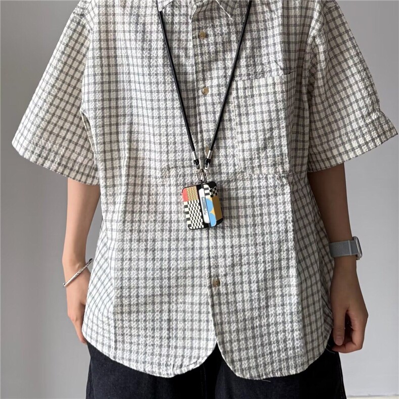 W490-P42夏季新款日系复古格子短袖衬衫男女小众设计感衬衣,男装T恤,星座911-1