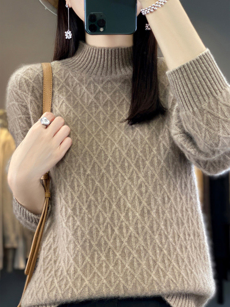 时尚优雅纯澳毛半高领女士羊毛衫舒适百搭显瘦针织衫，女装羊毛衫，莺澜羊绒