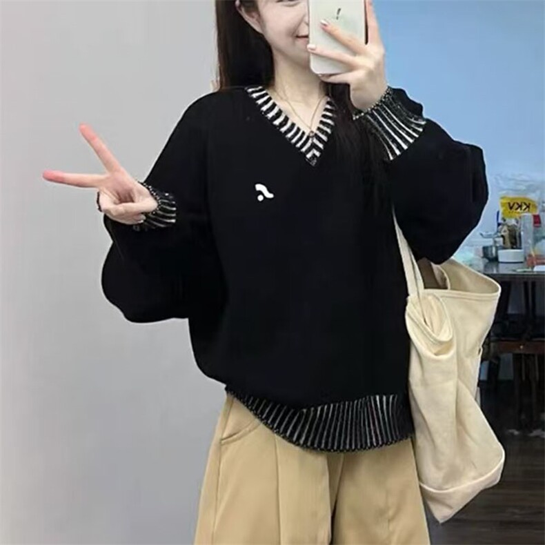 2025秋冬百搭时尚简约v领条纹拼色针织衫,针织衫/毛衣,萱芳婷羊绒