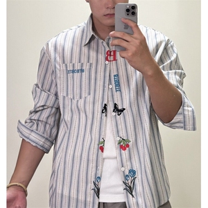 美式复古条纹衬衫男女2025新款刺绣慵懒风设计感宽松休闲外套潮图片