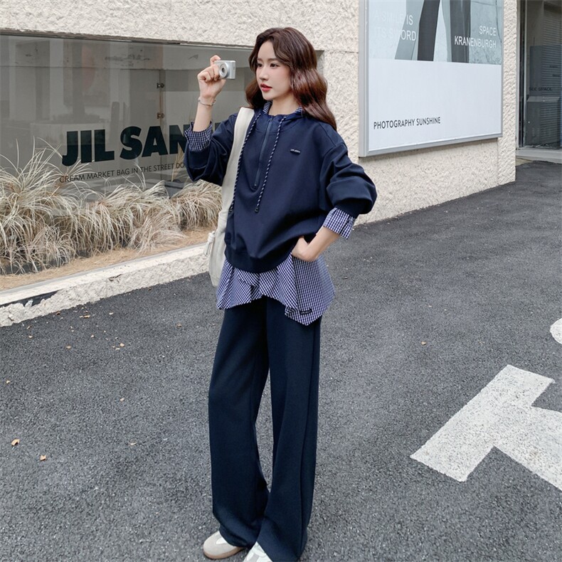 休闲运动穿搭连帽蓝色卫衣套装女秋季秋超火好看高级阔腿裤两件套,女装套装/套裙,2C117