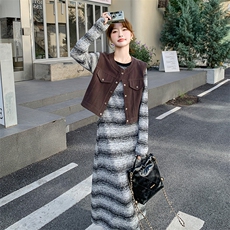 韩系松弛感穿搭针织条纹连衣裙套装女春季新款工装马甲长裙两件套，女装套装/套裙，千千佰惠