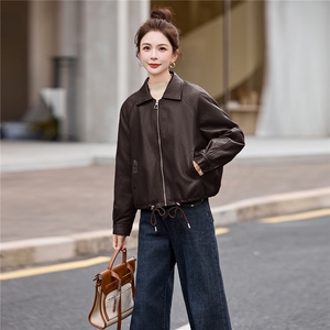 2025新款高级感小个子美拉德咖色翻领短款皮衣外套女秋冬加绒加厚图片