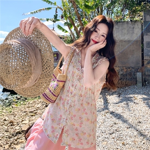 夏日少女风套装2026新款韩式碎花木耳边背心宽松阔腿裤两件套裤图片