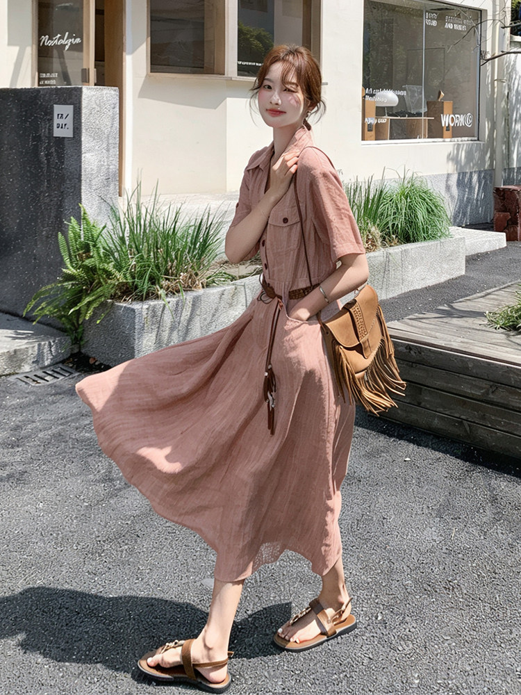《档口现货26夏上新》气质三色天丝亚麻透气舒适连衣裙配腰带女,女装连衣裙,时尚风爆