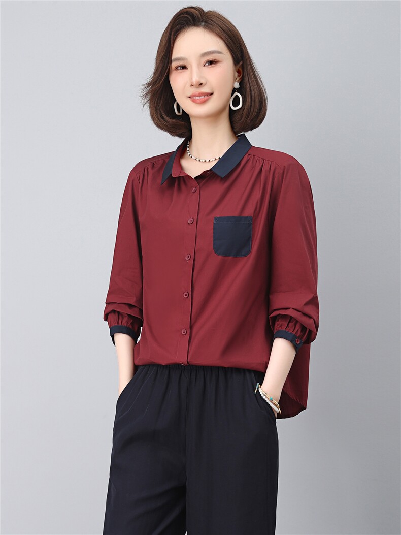 2025年秋季时尚撞色翻领纯棉100%休闲文艺衬衣,女装衬衫,依恋蒂丝