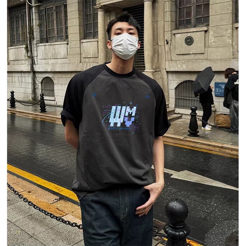 抖音得物高品质二开240克宽松纯棉美式潮牌插肩袖拼接短袖T恤图片