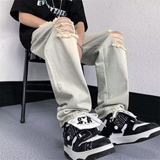 破洞牛仔裤男夏高街嘻哈阔腿宽松直筒乞丐裤N303-P40，男装牛仔裤，星座308B-2