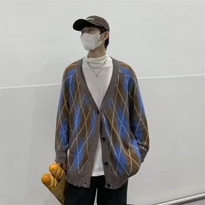 菱形格子毛衣男秋冬季港风复古ins潮流宽松V领M5516-P45图片