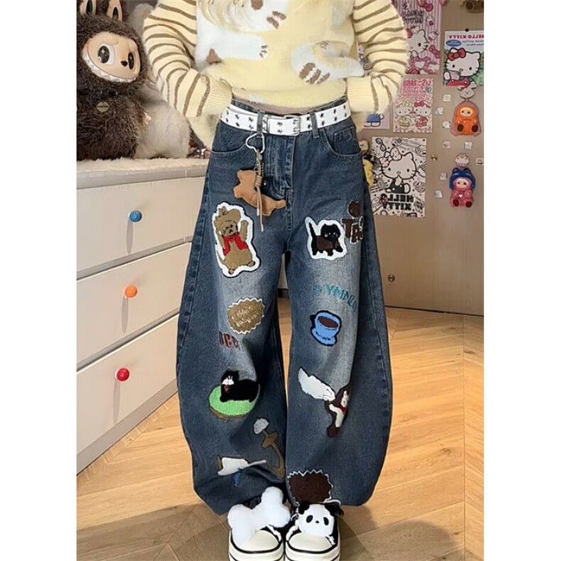 卡通涂鸦蓝色牛仔裤女春夏设计感小众宽松显瘦直筒阔腿裤N153，男装牛仔裤，星座1116A（原606A-3）