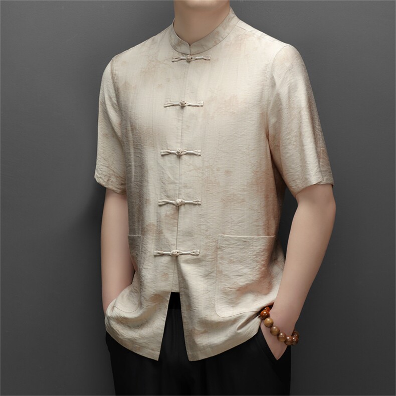 中山装男士短袖衬衫夏季中老年唐装衬衣爸爸装结婚礼服套装P108,男装衬衫,钱塘6003B