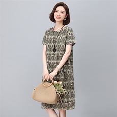 现货2025年夏季气质减龄印花文艺复古连衣裙，女装连衣裙，依恋蒂丝