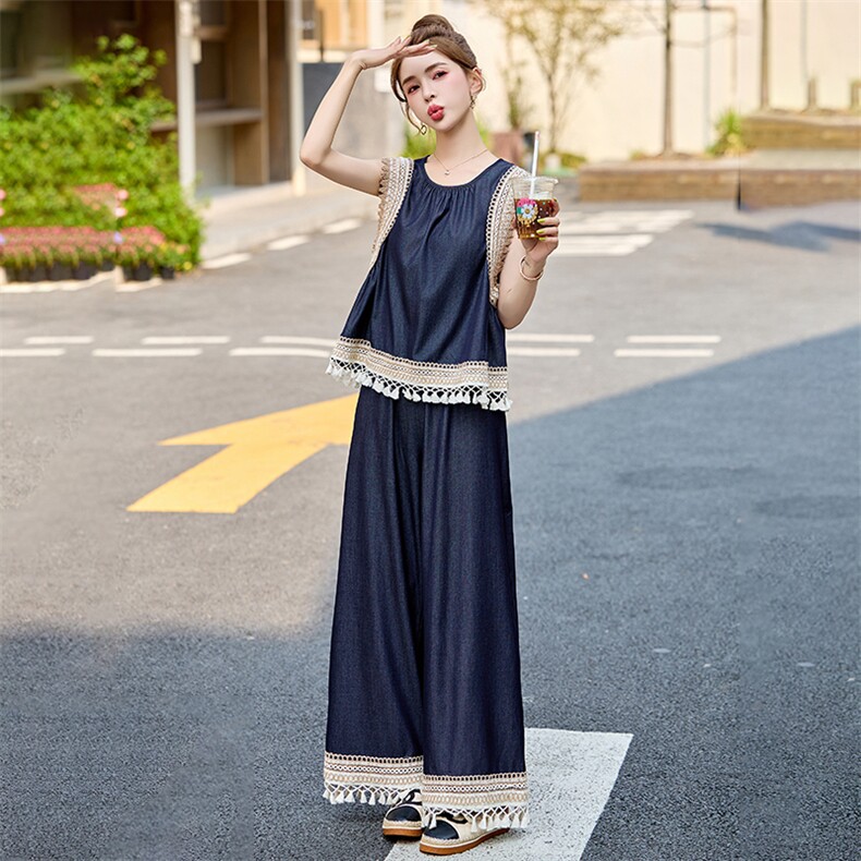 度假风蕾丝钩花拼接套装女2025夏季新款洋气无袖背心阔腿裤两件套,女装套装/套裙,布芭啦
