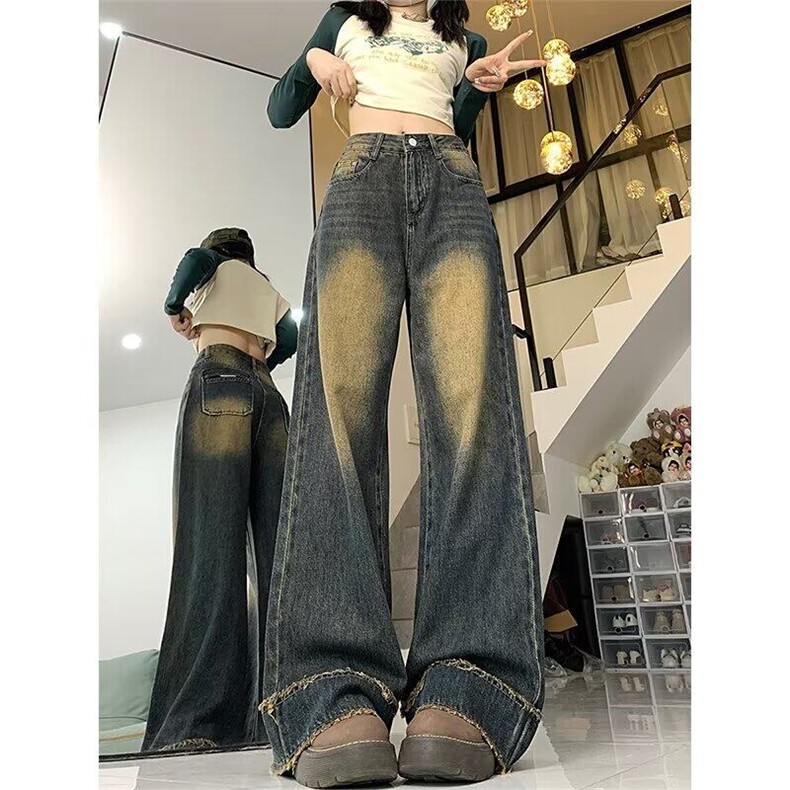 网络图D401-P45大码复古美式牛仔裤男女设计感宽松直筒阔腿拖地裤图片