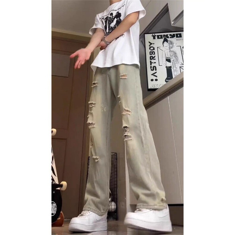 破洞牛仔裤男夏季薄款微喇裤潮牌美式高街漆点直筒裤WL0133-P45图片
