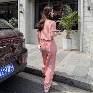 2025夏季新款韩版休闲短袖阔腿裤套装女炸街T恤长裤子运动两件套图片