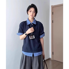 得物抖音高品质二开夏季美式潮牌高街假两件格子衬衣翻领短袖T恤，男装T恤，电商A486