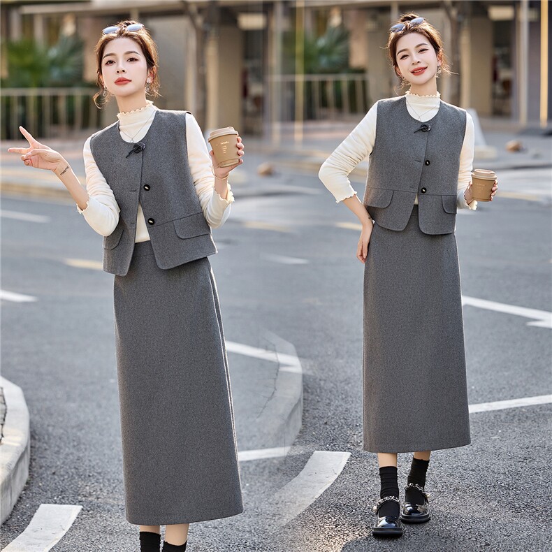 时尚马甲打底衫半身裙套装女2026春新款含羊毛通勤气质穿搭三件套，女装套装/套裙，冬木谷雨
