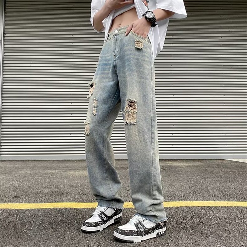 破洞牛仔裤男韩版潮流高街帅气2023春夏季ins宽松直筒裤RK103-P40,男装牛仔裤,星座412-2