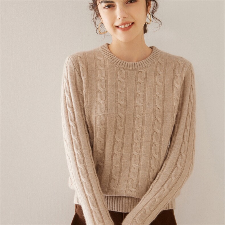 麻花宽松显瘦真丝山羊绒衫女2025秋冬新款慵懒针织大毛衣圆领加厚，女装羊绒衫，旭友羊绒